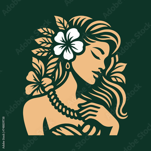 Beautiful Hawaiian young woman portrait with flowers in her hair. vintage flat simple vector monochrome green illustration. Icon, emblem, logo