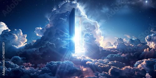 A open door pierces through the sky, surrounded by a sea of fluffy white clouds. The door stands prominently against the backdrop of the heavens photo