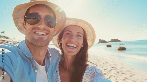 a happy couple taking selfies on the beach