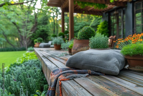 A cozy outdoor wooden patio adorned with potted plants, pillows, and a throw, perfect for a relaxing day outdoors