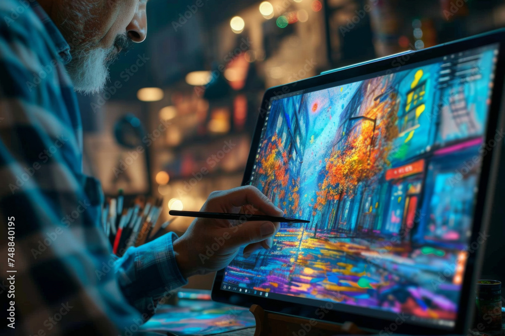 Close-up of artist's hand delicately painting a vibrant colorful portrait with tablet pen.
