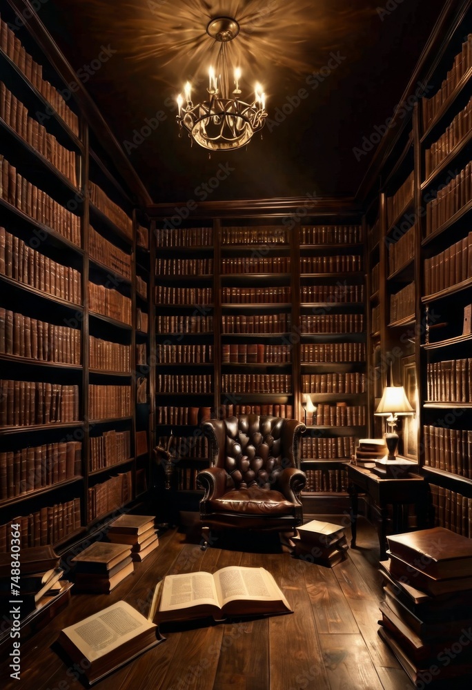 A sumptuous leather armchair awaits an avid reader in this intimate home library, bathed in the warm glow of table lamps. Open books invite exploration amidst the towering shelves of ancient tomes. AI