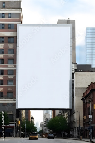 white mockup large, blank billboard situated above a street in an urban setting,  urban street scene with buildings on either side that have various architectural styles and windows