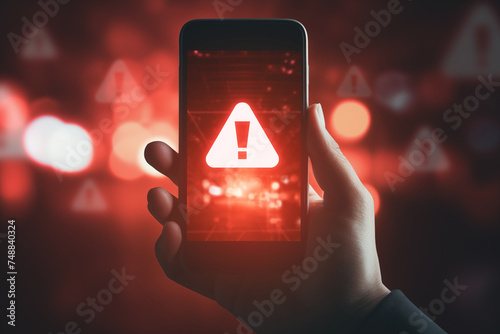 Close-up of a hand holding a smartphone with a warning sign on the display. Emergency warning alert and system alert concept.