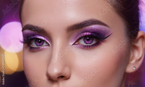 A close-up of a woman’s eyes, adorned with modern, vibrant makeup. The intricate application showcases her style and the depth of her gaze, symbolizing the artistry of beauty.