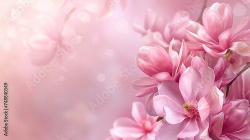 Magnolia flowers in bloom with soft pink petals.