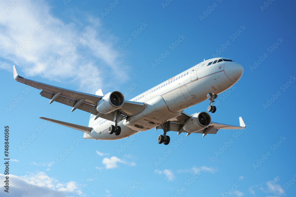 Close-up of passenger airliner flying in blue sky, concept of air travel and aviation industry