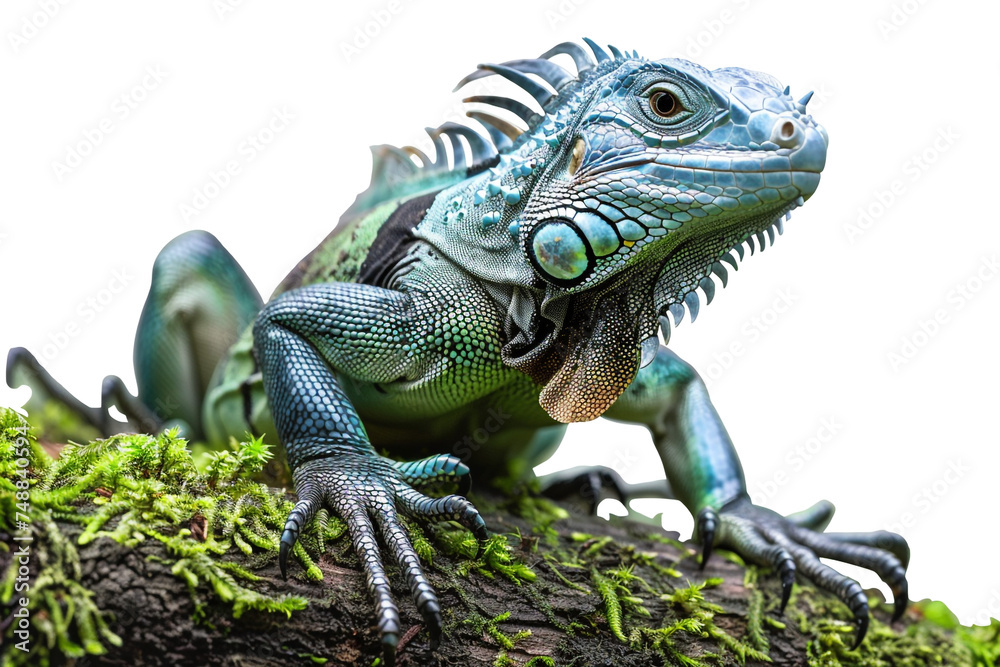 Noble iguana perched on mossy branch in pristine rainforest. Isolated on transparent background.