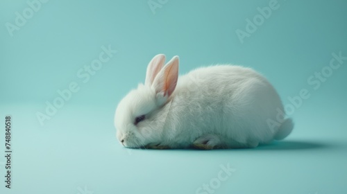Fototapeta Naklejka Na Ścianę i Meble -  portrait of a cute, white color rabbit or bunny Lie down on the floor blue pastel color background