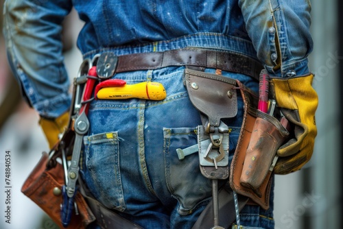 Close-up of Maintenance worker with bag and tools kit wearing on waist. 