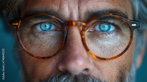 Close-up of a man's face with blue eyes., A bearded man wearing glasses and looking at the camera., The eye of a man in focus, showing his blue eyes., Portrait of a man with glasses and a mustache..