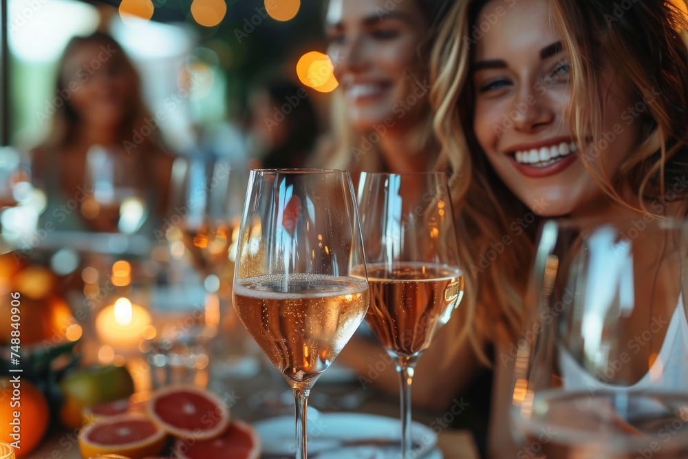 Close-up of a woman smiling during a champagne toast at a social gathering