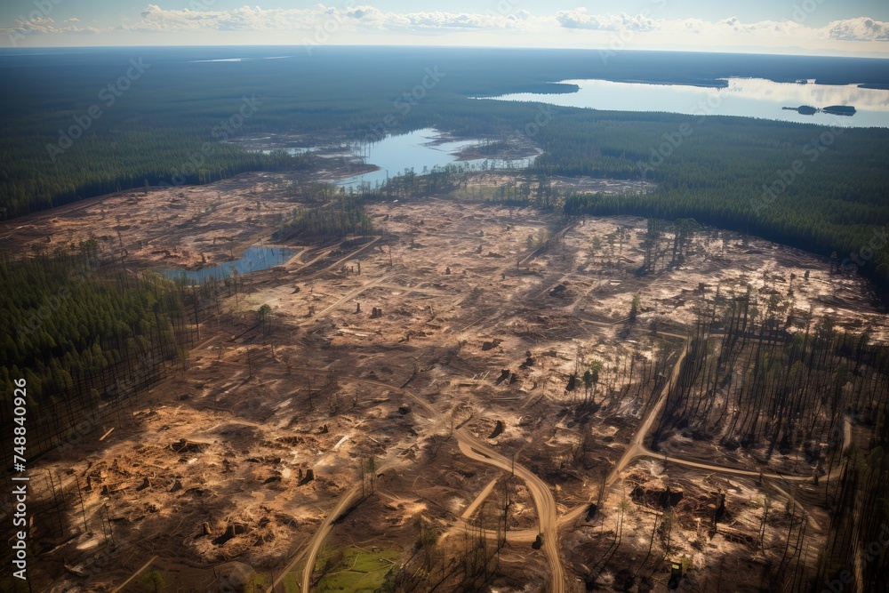 Aerial view of land destruction, deforestation, logging, and environmental impact