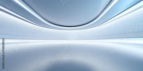 Empty space inside futuristic room, showroom, spaceship, hall or studio in perspective. Include ceiling, hidden light, white floor and abstract shape. Modern interior background of future, technology.