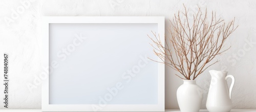 A white frame is displayed on a table next to a vase filled with dry twigs. The minimalist design adds a touch of elegance to the room.