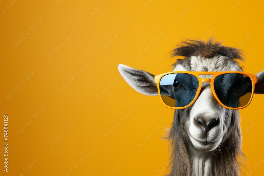 Fashionable goat wearing trendy sunglasses on a soft orange background with copy space for text