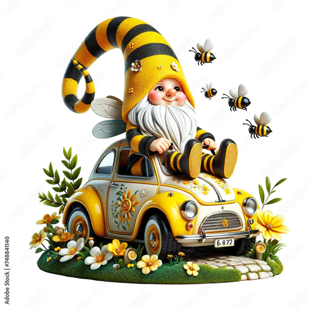 Cute cartoon gnome sitting on a yellow car with bees and flowers