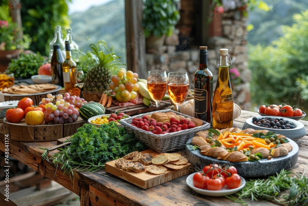 An outdoor feast with a variety of fruits, bread, and salads set against a scenic backdrop hints at a luxurious country lifestyle