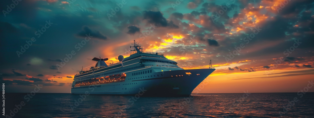 A large cruise ship is sailing in the ocean at sunset - obrazy, fototapety, plakaty 