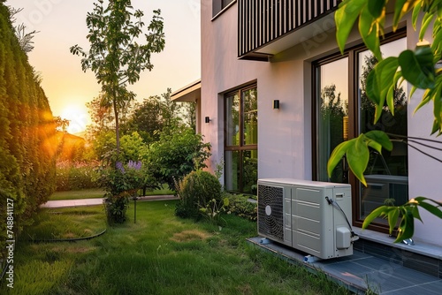 Heat pump unit outside of a modern house at sunset. © ParinApril