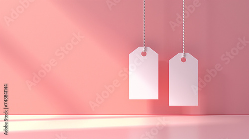 Multiple blank white tag price on pink background. Paper Price Tag. Sale Tag. Blank cardboard price tags or labels set isolated. Price tag mockup template with copy space for brand, information. 