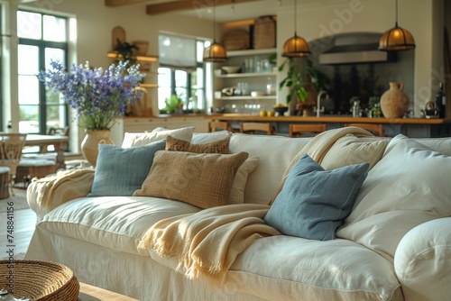 A warm and inviting living room with a white plush sofa, cozy pillows, a soft blanket, and a touch of nature provided by vibrant blue flowers