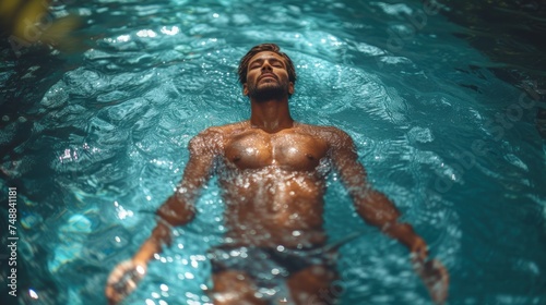 Relaxing in the pool, Laying back in the water, Poolside serenity, Man enjoying a swim. © Albert