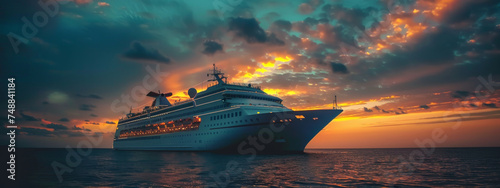 A large cruise ship is sailing in the ocean at sunset