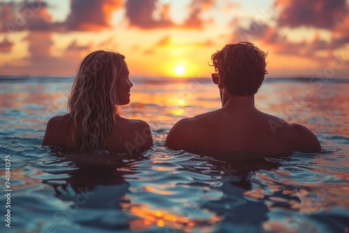 A back view of a couple enjoying a romantic sunset while partially submerged in a tropical sea, projecting a feeling of romance and togetherness