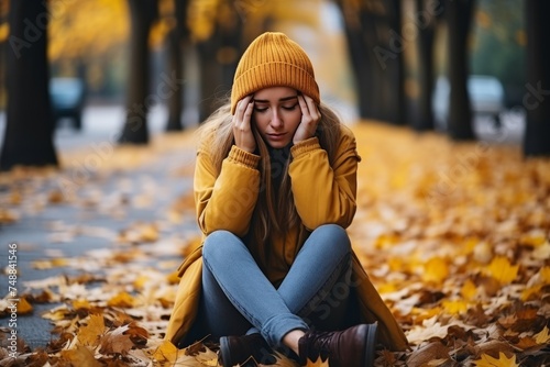 Young woman in a park, hiding face, symbolizing sadness and depression concept