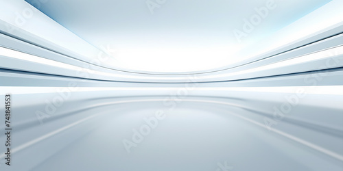 Empty space inside futuristic room, showroom, spaceship, hall or studio in perspective. Include ceiling, hidden light, white floor and abstract shape. Modern interior background of future, technology.