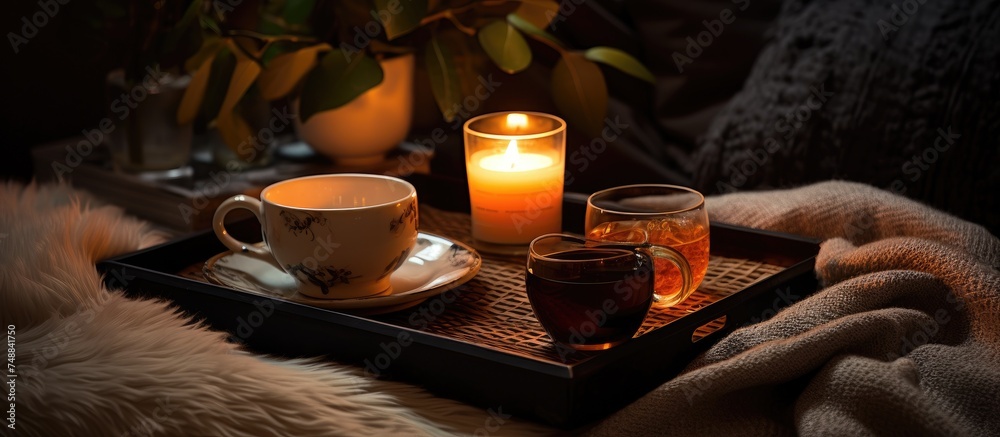 A black serving tray with two cups and a candle resting on a comfortable bed, adding warmth to a cozy weekend at home.