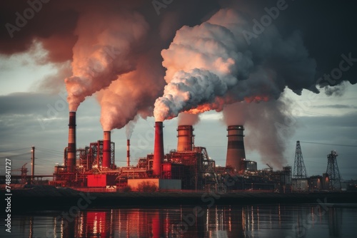 Factory chimneys emitting black smoke, air pollution and environmental impact concept