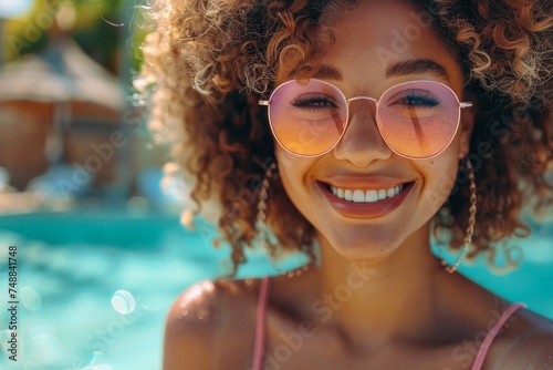 Cheerful curly-haired young woman in sunglasses smiling by the pool