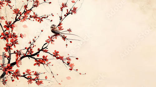 A bird is perched on a branch of a cherry tree