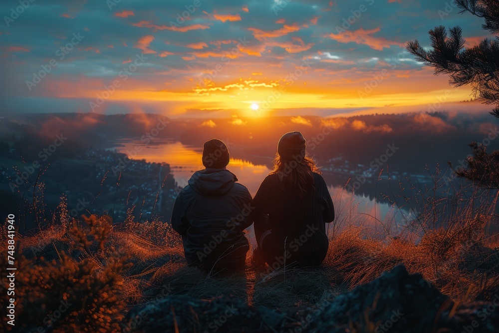 A romantic pair sits close, enjoying a beautiful sunset over a mountain landscape and water below