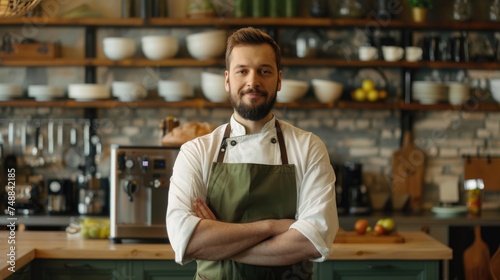 Confident male chef with arms crossed standing in restaurant kitchen.