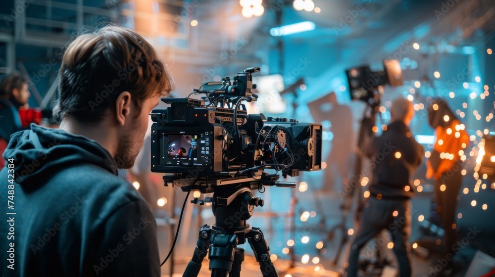 Behind the scene. Actor in front of the camera on the film set in film studio. Behind the scene. Actor in front of the camera on the film set in film studio.