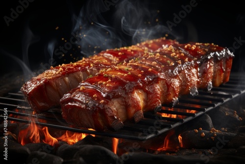 Succulent american bbq ribs sizzling on grill with smoke rising over charcoal fire