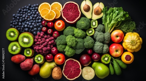 Colorful top view collage of fresh fruits and vegetables - healthy diet and nutrition concept