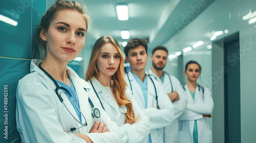 A young team or group of doctors standing in the hospital