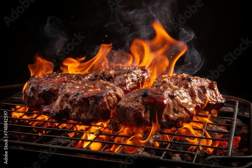 Savory american bbq ribs sizzling on charcoal grill, smoke rising for deliciously grilled experience