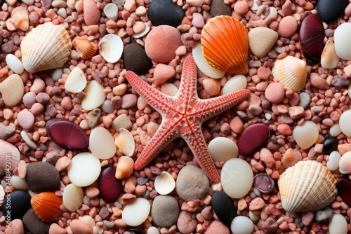 Seashells and starfish on sandy beach, natural textured background for summer travel design