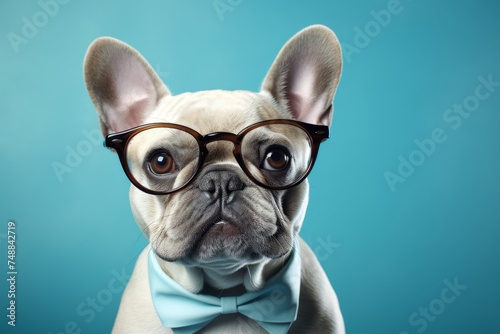 Adorable gray french bulldog wearing oversized black glasses on blue background with copy space