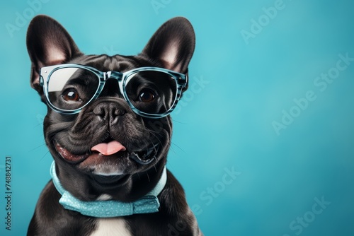 Adorable french bulldog wearing stylish blue glasses on blue background with ample copy space © polack