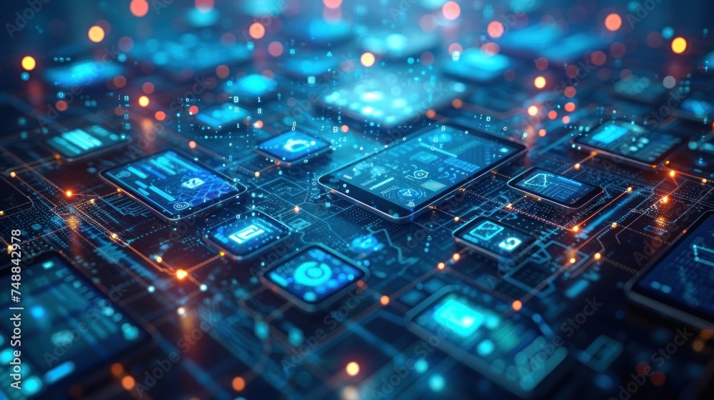 Devices like smartphone, tablet or computer flying over connection network and app Devices like smartphone, tablet or computer flying over connection network and app