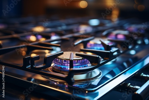 Close-up of intense blue flames on propane gas stove burner in domestic kitchen cooking appliance photo