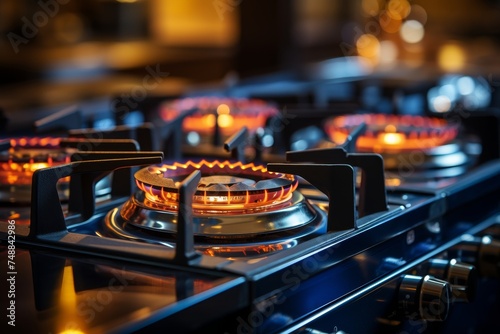 Close-up of intense red flames from propane gas stove burner on domestic kitchen stove top