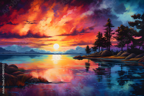 picturesque sunset scene. The sky is filled with vibrant hues of yellow, orange, red, and blue, with a large sun casting a bright light near the center top