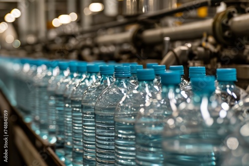 Production and bottling of clean and healthy water in a bottled water production plant. Conveyor with bottles. 